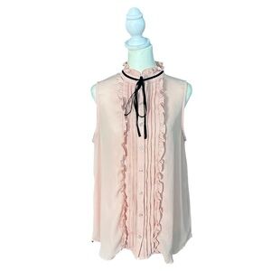 Pleione Vintage Style Ruffled Mock Neck Sleeveless Ribbon Tie Blouse Medium